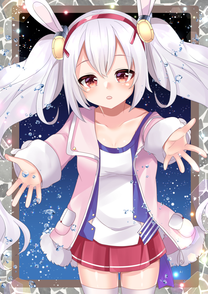 1girl animal_ears azur_lane bangs blush breasts camisole collarbone commentary_request cowboy_shot eyebrows_visible_through_hair fur-trimmed_jacket fur_trim hair_between_eyes hair_ornament hairband jacket laffey_(azur_lane) long_hair long_sleeves looking_at_viewer misaki_(misaki86) open_clothes open_jacket outstretched_arms parted_lips pink_jacket pleated_skirt rabbit_ears red_eyes red_hairband red_skirt sidelocks silver_hair skirt sleeves_past_wrists small_breasts solo thigh-highs twintails very_long_hair water_drop white_camisole white_legwear