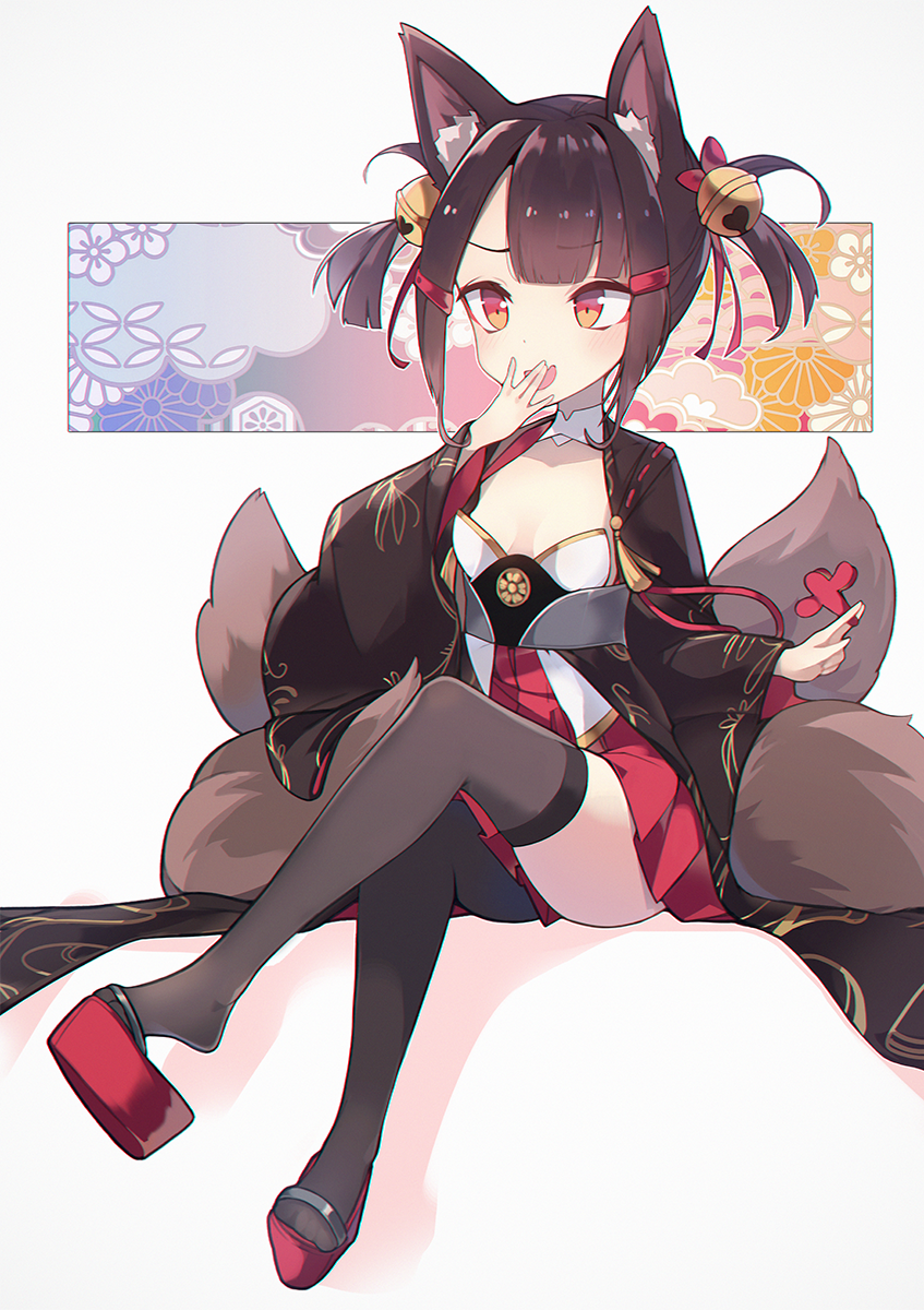 1girl abae akagi-chan_(azur_lane) akagi_(azur_lane) animal_ears azur_lane bell brown_hair finger_to_mouth fox_ears fox_girl fox_tail hair_bell hair_ornament hair_ribbon highres japanese_clothes kyuubi multiple_tails red_eyes ribbon tail thigh-highs twintails younger