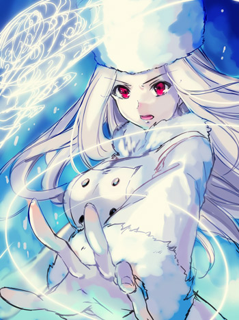 1girl coat fate/zero fate_(series) floating_hair fur-trimmed_coat fur-trimmed_sleeves fur_trim hat irisviel_von_einzbern long_hair long_sleeves lowres open_mouth outstretched_arm outstretched_hand red_eyes shida_(xwheel) silver_hair solo upper_body very_long_hair white_coat white_headwear