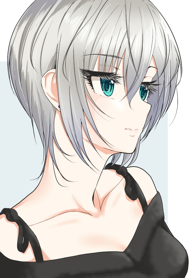 1girl anastasia_(idolmaster) black_sweater blue_background blue_eyes collarbone earrings eyebrows_visible_through_hair ginnote hair_between_eyes idolmaster idolmaster_cinderella_girls jewelry off-shoulder_sweater off_shoulder shiny shiny_hair short_hair silver_hair solo sweater upper_body white_background