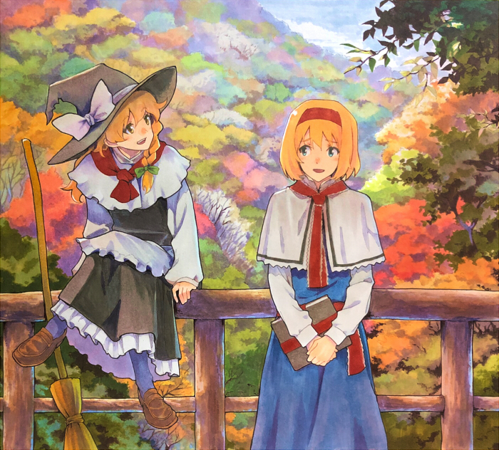 2girls alice_margatroid black_headwear blonde_hair blue_eyes blush book bow braid broom brown_eyes day green_bow hair_bow hat hat_ribbon holding holding_book kirisame_marisa long_hair long_sleeves looking_at_another marker_(medium) multiple_girls open_mouth outdoors railing ribbon scenery shiratama_(hockey) short_hair sitting smile standing touhou traditional_media white_bow white_ribbon witch_hat