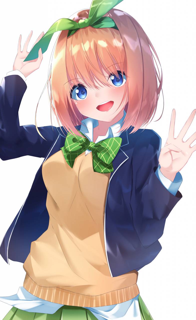 1girl :d arm_up bangs blazer blue_eyes blue_jacket blush bow brown_hair collared_shirt commentary_request eyebrows_visible_through_hair go-toubun_no_hanayome green_bow green_ribbon green_skirt hair_between_eyes hair_ribbon head_tilt highres jacket long_sleeves nakano_yotsuba open_blazer open_clothes open_jacket open_mouth pleated_skirt ribbon school_uniform shirt simple_background skirt smile solo suisen-21 sweater_vest upper_teeth white_background white_shirt