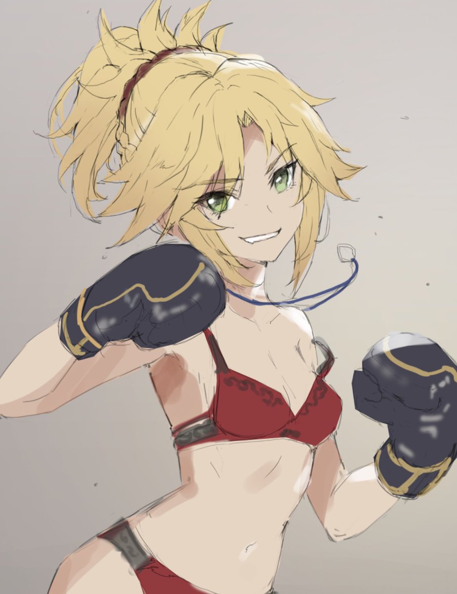 1girl alternate_costume blonde_hair boxing_gloves braid breasts collarbone commentary_request eyebrows_visible_through_hair fate/grand_order fate_(series) green_eyes hair_ornament hair_scrunchie highres long_hair looking_at_viewer mordred_(fate) mordred_(fate)_(all) panties ponytail red_panties red_scrunchie scrunchie smile solo teeth tonee underwear