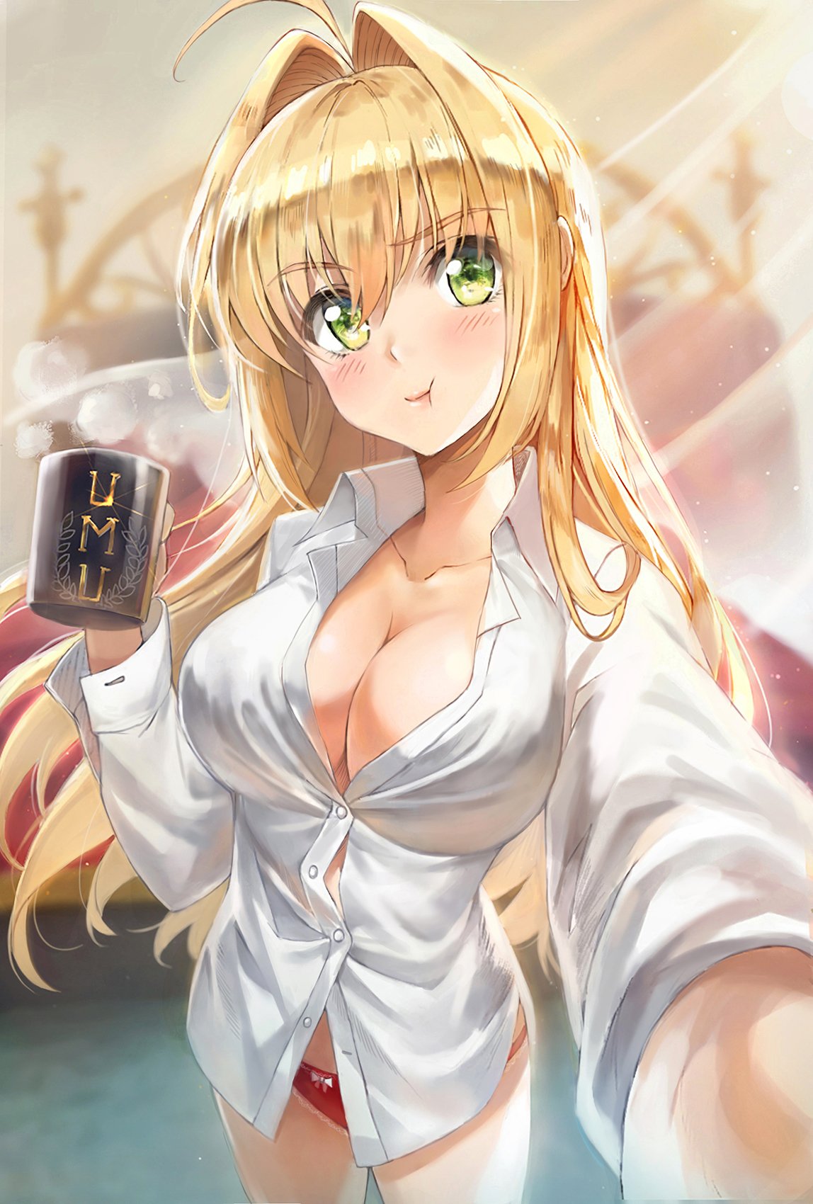1girl :t ahoge arm_up bedroom blonde_hair blurry breasts cleavage cowboy_shot cup depth_of_field dress_shirt eyebrows_visible_through_hair fate/extra fate/grand_order fate_(series) foreshortening glint green_eyes hair_down hair_intakes highres indoors large_breasts long_hair long_sleeves looking_at_viewer mug nero_claudius_(fate) nero_claudius_(fate)_(all) no_pants panties reaching_out red_panties self_shot shirt solo steam tonee underwear