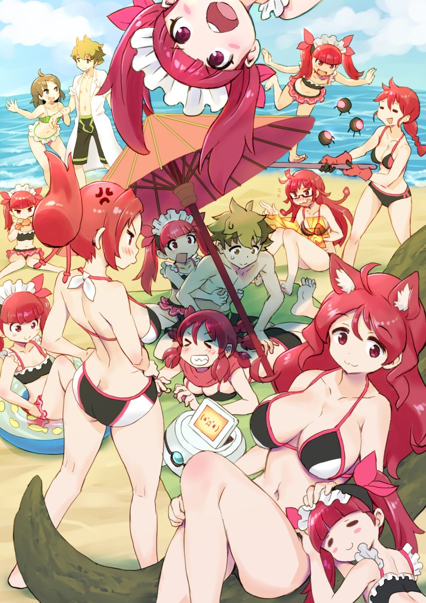 &gt;_&lt; 2boys 6+girls :3 :d ahoge anger_vein animal_ear_fluff animal_ears beach bikini blush character_request commentary_request day grin highres innertube kemurikusa long_hair multiple_boys multiple_girls open_mouth outdoors parasol ponytail red_eyes redhead rin_(kemurikusa) rina_(kemurikusa) riri_(kemurikusa) ritsu_(kemurikusa) sakurai_shizuku_(mimipull) smile swimsuit twintails umbrella wakaba_(kemurikusa) water xd