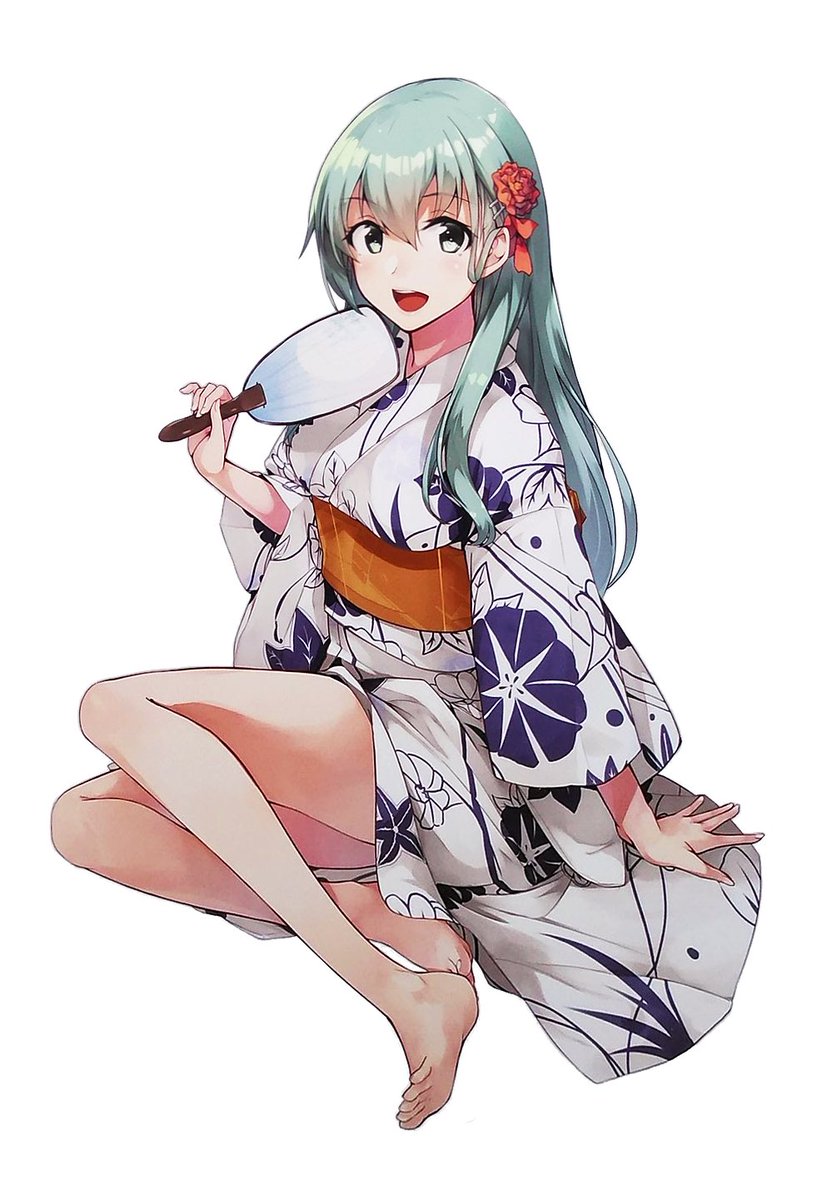 1girl alternate_costume aqua_eyes aqua_hair bare_legs barefoot fan floral_print flower green_hair hair_flower hair_ornament highres japanese_clothes kantai_collection kimono konishi_(koconatu) long_hair looking_at_viewer obi official_art paper_fan patterned_clothing sandals sash scan scan_artifacts smile suzuya_(kantai_collection) thighs yukata