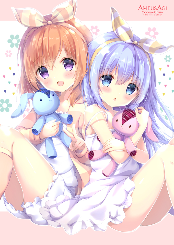 2girls :d amedamacon bangs bare_arms bare_shoulders blue_eyes blue_hair blush brown_hair brown_hairband brown_jacket brown_legwear character_name chestnut_mouth commentary_request copyright_name dress eyebrows_visible_through_hair frilled_dress frills gochuumon_wa_usagi_desu_ka? hair_between_eyes hair_ribbon hairband hoto_cocoa jacket kafuu_chino kneehighs knees_up long_hair multiple_girls object_hug open_clothes open_jacket open_mouth parted_lips ribbon sitting sleeveless sleeveless_dress smile strap_slip striped striped_ribbon stuffed_animal stuffed_bunny stuffed_toy very_long_hair violet_eyes white_dress yellow_hairband
