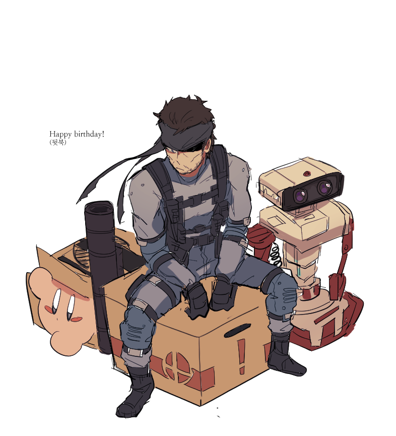 artist_request bandanna bodysuit box brown_hair cardboard_box facial_hair family_computer_robot gloves gun handgun headband kirby kirby_(series) male_focus metal_gear_(series) metal_gear_solid metal_gear_solid_2 nintendo short_hair sneaking_suit solid_snake super_smash_bros. weapon