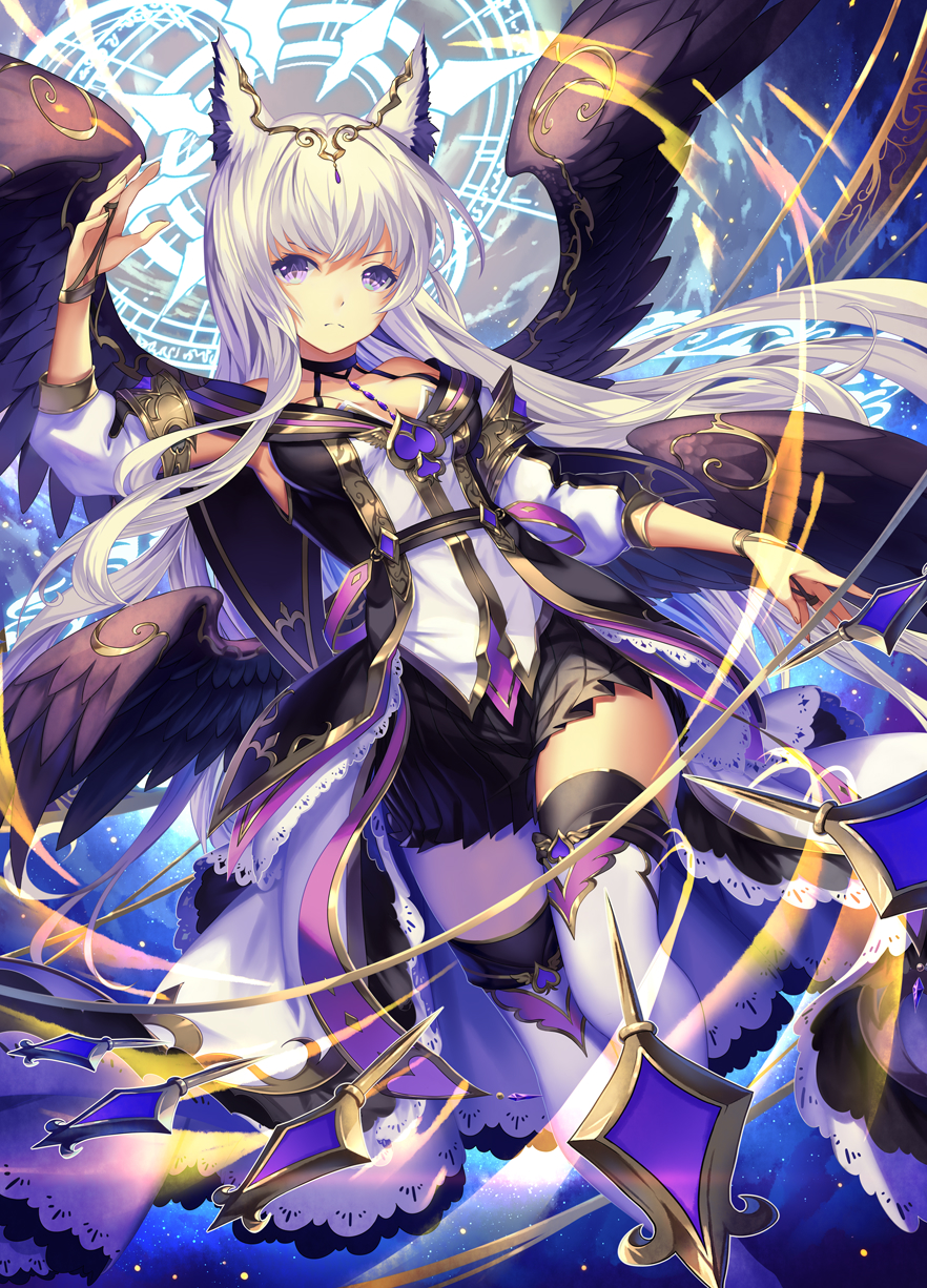 1girl animal_ears black_wings breasts cat_ears commentary_request detached_sleeves fantasy feet_out_of_frame frown hair_ornament halo hand_up highres long_hair magic medium_breasts miniskirt multiple_wings original overskirt partial_commentary pleated_skirt skirt solo spade_(shape) thigh-highs very_long_hair violet_eyes vivo101 weapon white_hair white_legwear wings zettai_ryouiki