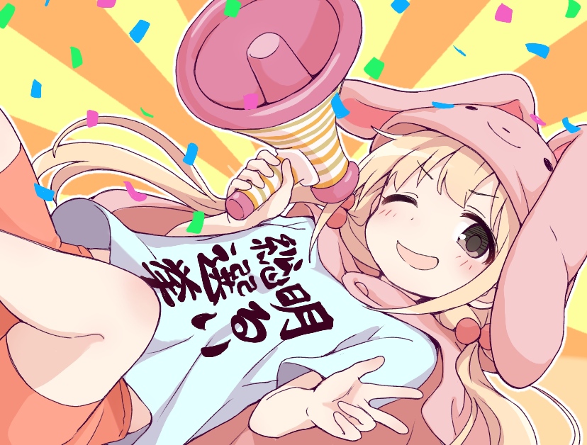 1girl ;d animal_ears animal_hood bangs blonde_hair blue_shirt blush brown_eyes bunny_hood cape clothes_writing confetti ddak5843 dutch_angle eyebrows_visible_through_hair fake_animal_ears futaba_anzu hair_bobbles hair_ornament holding holding_megaphone hood hood_up idolmaster idolmaster_cinderella_girls long_hair megaphone one_eye_closed open_mouth orange_shorts pink_cape rabbit_ears shirt short_shorts shorts smile solo striped sunburst_background vertical_stripes very_long_hair you_work_you_lose