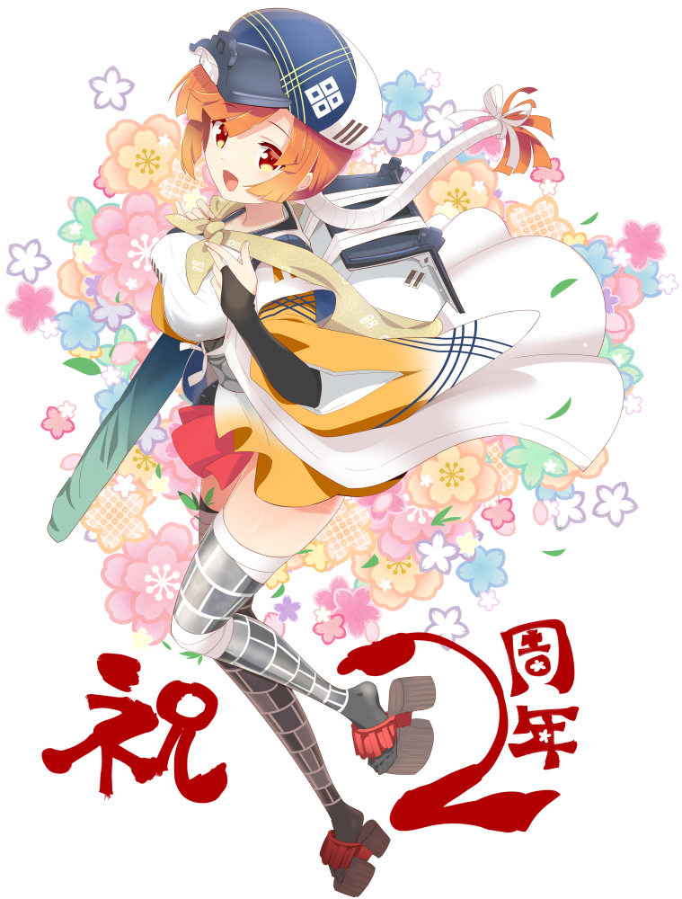 1girl :d anniversary black_gloves blue_headwear cap elbow_gloves fingerless_gloves floral_background from_side full_body geta gloves kamaboko_red looking_at_viewer open_mouth orange_hair oshiro_project oshiro_project_re short_hair smile solo thigh-highs toyama_(oshiro_project)