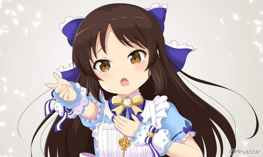 1girl apron bangs blue_bow blue_dress blush bow brown_bow brown_eyes brown_hair commentary_request dress eyebrows_visible_through_hair frilled_bow frills grey_background hair_bow hand_on_own_chest head_tilt idolmaster idolmaster_cinderella_girls idolmaster_cinderella_girls_starlight_stage long_hair miicha open_mouth outstretched_arm parted_bangs puffy_short_sleeves puffy_sleeves short_sleeves solo tachibana_arisu tears twitter_username upper_body white_apron wrist_cuffs