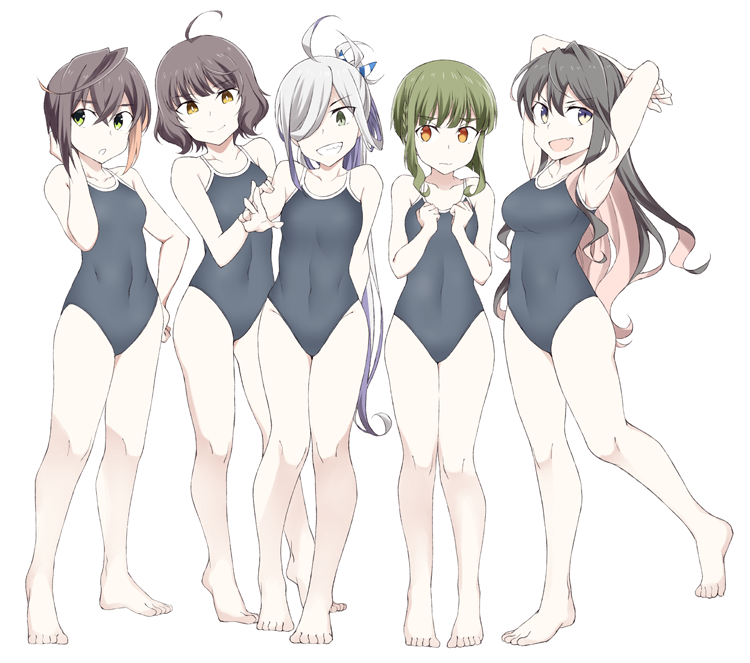 5girls ahoge asashimo_(kantai_collection) bangs barefoot black_hair black_swimsuit blunt_bangs bob_cut braid breasts brown_eyes brown_hair commentary_request competition_school_swimsuit covered_navel fang flat_chest full_body green_eyes green_hair grey_eyes grin hair_over_one_eye kantai_collection kishinami_(kantai_collection) long_hair looking_to_the_side medium_breasts multicolored_hair multiple_girls naganami_(kantai_collection) no_eyewear okinami_(kantai_collection) open_mouth pink_hair ponytail school_swimsuit short_hair sidelocks silver_hair skin_fang smile souji standing swimsuit takanami_(kantai_collection) two-tone_hair wavy_hair