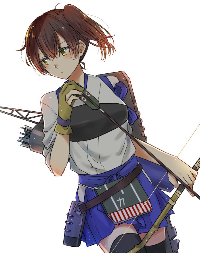 1girl apron arrow black_legwear blue_skirt bou_(wataame) bow_(weapon) brown_gloves brown_hair cowboy_shot dutch_angle gloves hakama_skirt holding holding_arrow holding_bow_(weapon) holding_weapon kaga_(kantai_collection) kantai_collection long_hair looking_to_the_side muneate quiver shield side_ponytail simple_background single_glove skirt solo tasuki thigh-highs weapon white_background yellow_eyes yumi_(bow)