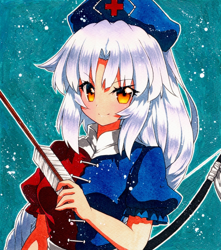 1girl arrow blush bow_(weapon) braid breasts brown_eyes closed_mouth eyebrows_visible_through_hair grey_hair hat holding holding_arrow long_hair looking_at_viewer medium_breasts nurse_cap puffy_short_sleeves puffy_sleeves qqqrinkappp shikishi short_sleeves smile solo touhou traditional_media upper_body weapon yagokoro_eirin