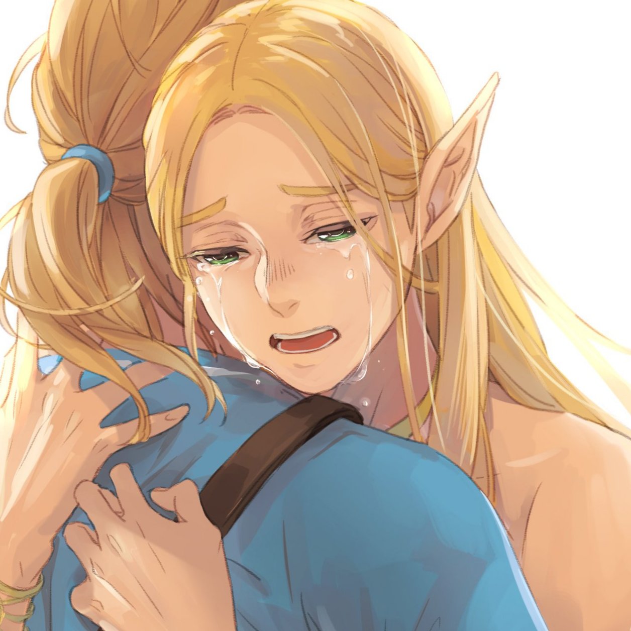 1boy 1girl blonde_hair crying eorinamo green_eyes highres hug long_hair nintendo open_mouth pointy_ears ponytail princess_zelda the_legend_of_zelda white_background