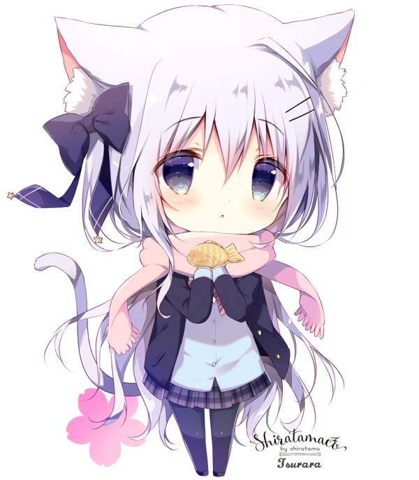 1girl :o animal_ear_fluff animal_ears artist_name bangs black_bow black_footwear black_jacket black_legwear blazer blue_cardigan blue_eyes blush bow cardigan cat_ears cat_girl cat_tail chibi commentary_request eyebrows_visible_through_hair food fringe_trim full_body grey_skirt hair_between_eyes hair_bow hair_ornament hairclip holding holding_food jacket long_hair long_sleeves one_side_up open_blazer open_clothes open_jacket original pantyhose parted_lips pink_scarf plaid plaid_skirt pleated_skirt scarf shiratama_(shiratamaco) shoes signature silver_hair skirt sleeves_past_wrists solo standing star tail taiyaki very_long_hair wagashi white_background