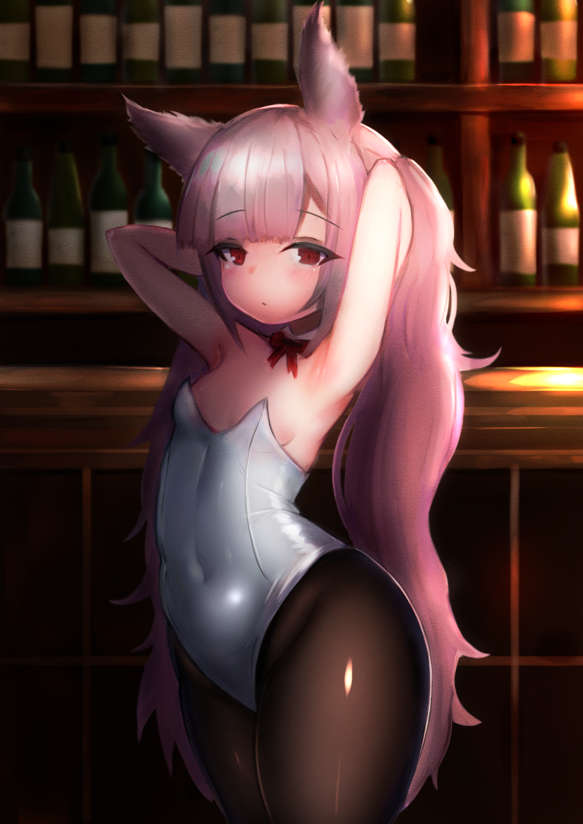 1girl animal_ears arms_up bangs bar black_legwear blush bottle bow breasts bunny_girl bunnysuit choker closed_mouth commentary_request covered_navel eyebrows_visible_through_hair hands_in_hair highres indoors leotard long_hair looking_at_viewer original pantyhose pink_hair rabbit_ears red_bow red_choker red_eyes sa_ka_(sakanoya) small_breasts solo strapless strapless_leotard twintails very_long_hair white_leotard