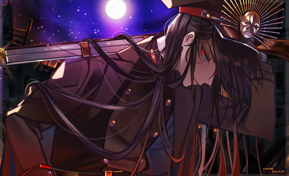 1girl belt black_hair cape double-breasted fate/grand_order fate_(series) full_moon gakuran glowing glowing_eye gun hat holding holding_gun holding_weapon koha-ace light_smile long_hair looking_at_viewer marchab_66 moon night oda_nobunaga_(fate) red_eyes school_uniform sky solo star_(sky) starry_sky very_long_hair weapon white_background