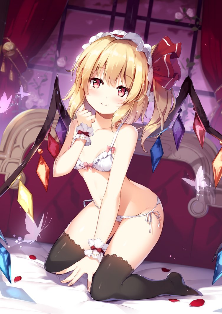 1girl alternate_costume apron ascot bangs bed black_legwear blonde_hair bra bug butterfly commentary_request crystal curtains dress eyebrows_visible_through_hair flandre_scarlet hair_ribbon hand_up indoors insect kneeling looking_at_viewer miyase_mahiro navel no_shoes one_side_up panties petals petticoat puffy_short_sleeves puffy_sleeves red_eyes red_ribbon ribbon rose_petals short_hair short_sleeves smile solo stomach thighs touhou underwear underwear_only white_apron white_bra white_panties window wings yellow_neckwear