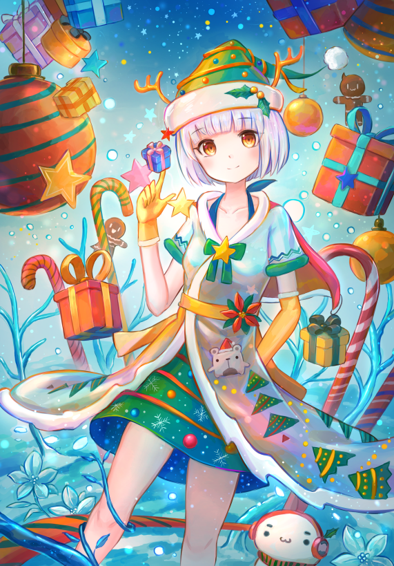 1girl blush bow box breasts brown_eyes candy candy_cane christmas closed_mouth collarbone earmuffs elbow_gloves eyebrows_visible_through_hair food gift gift_box gingerbread_man gloves green_bow hand_in_pocket kutsunohito looking_at_viewer medium_breasts original short_hair short_sleeves silver_hair smile snowman solo yellow_gloves