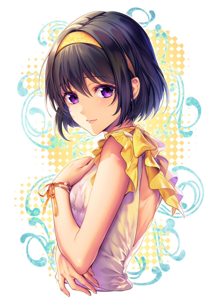 1girl arm_across_waist bangs beads black_hair closed_eyes closed_mouth colored_eyelashes commentary_request cropped_torso dress frilled_sleeves frills from_side glint hairband hand_on_own_chest highres looking_at_viewer looking_to_the_side milcho original ribbon short_hair short_sleeves signature smile solo upper_body violet_eyes white_dress wrist_ribbon yellow_hairband yellow_ribbon