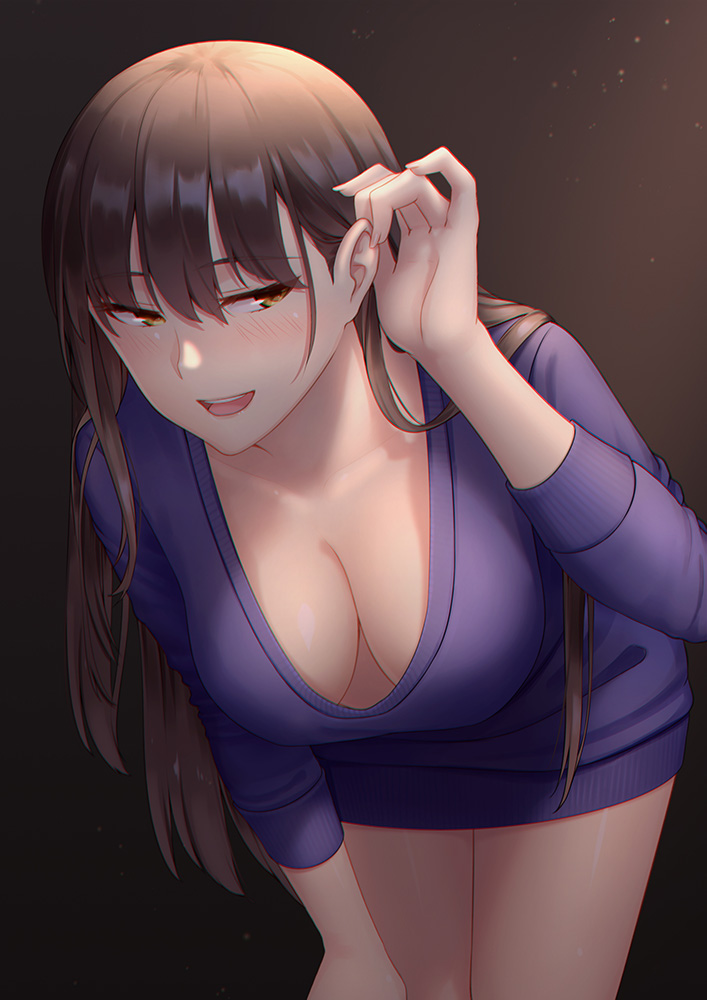 1girl bangs blush breasts brown_background brown_eyes brown_hair cleavage facing_viewer hand_up kai_(link2262) large_breasts leaning_forward long_hair long_sleeves original purple_shirt shirt solo standing very_long_hair