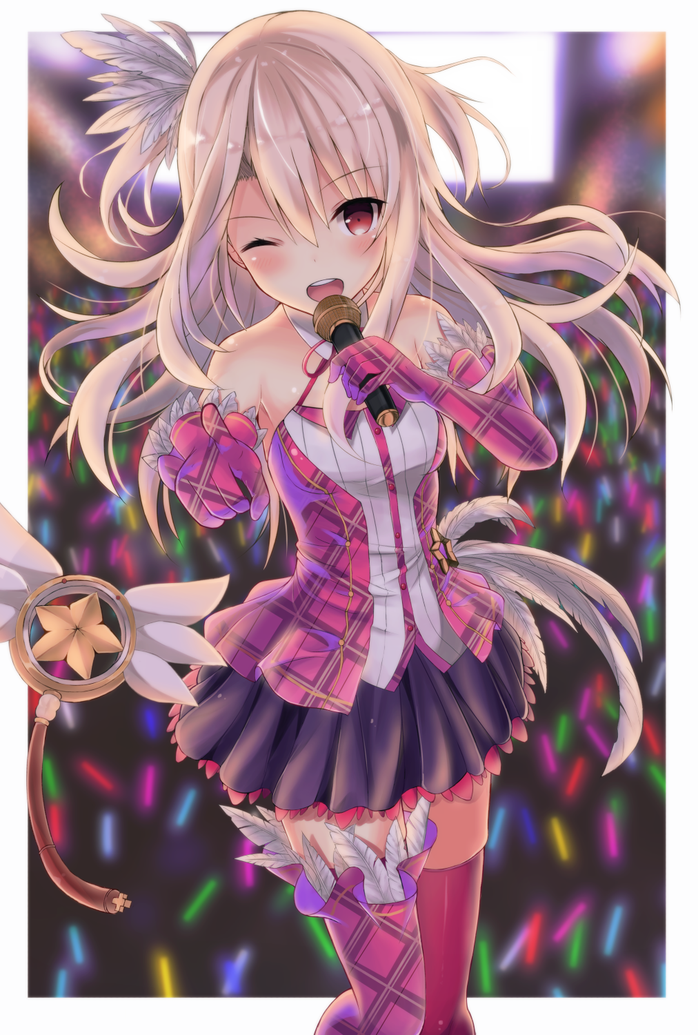 1girl ;d alternate_costume black_skirt concert cowboy_shot elbow_gloves fate/kaleid_liner_prisma_illya fate_(series) gloves glowstick highres holding holding_microphone idol illyasviel_von_einzbern looking_at_viewer magical_ruby microphone mismatched_legwear music one_eye_closed open_mouth pink_gloves pink_legwear plaid plaid_gloves plaid_legwear pointing red_eyes singing skirt smile standing thigh-highs two_side_up wand white_hair yuzuzukushi zettai_ryouiki