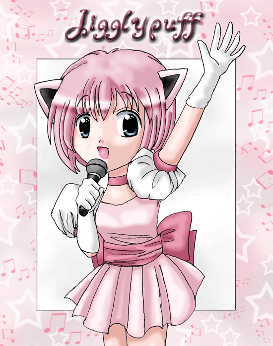 1girl blue_eyes cat_ears creatures_(company) dress game_freak gijinka gloves humanization jigglypuff looking_at_viewer microphone moemon musical_note nintendo pearlypuff personification pink_background pink_dress pink_hair pokemon pokemon_rgby ribbon short_hair singing solo star starry_background