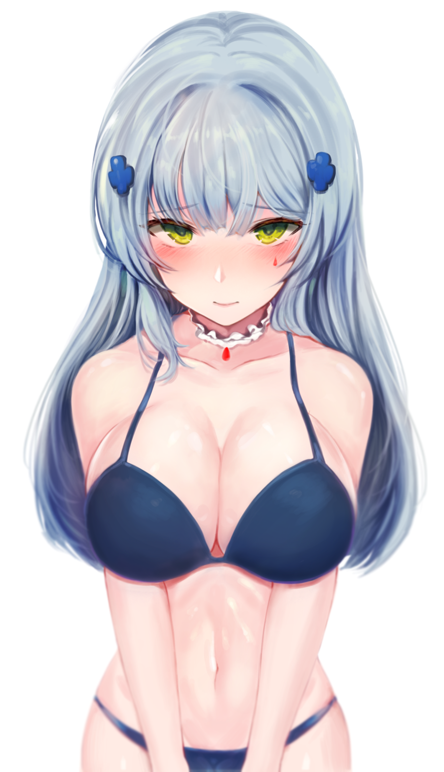 1girl bangs bare_arms bare_shoulders bikini blue_bikini blunt_bangs blush breasts choker cleavage closed_mouth cowboy_shot eyebrows_visible_through_hair facial_mark girls_frontline green_eyes hair_ornament highres hk416_(girls_frontline) jewelry large_breasts long_hair looking_at_viewer navel painteen pendant shiny shiny_skin sidelocks silver_hair simple_background solo stomach swimsuit teardrop white_background