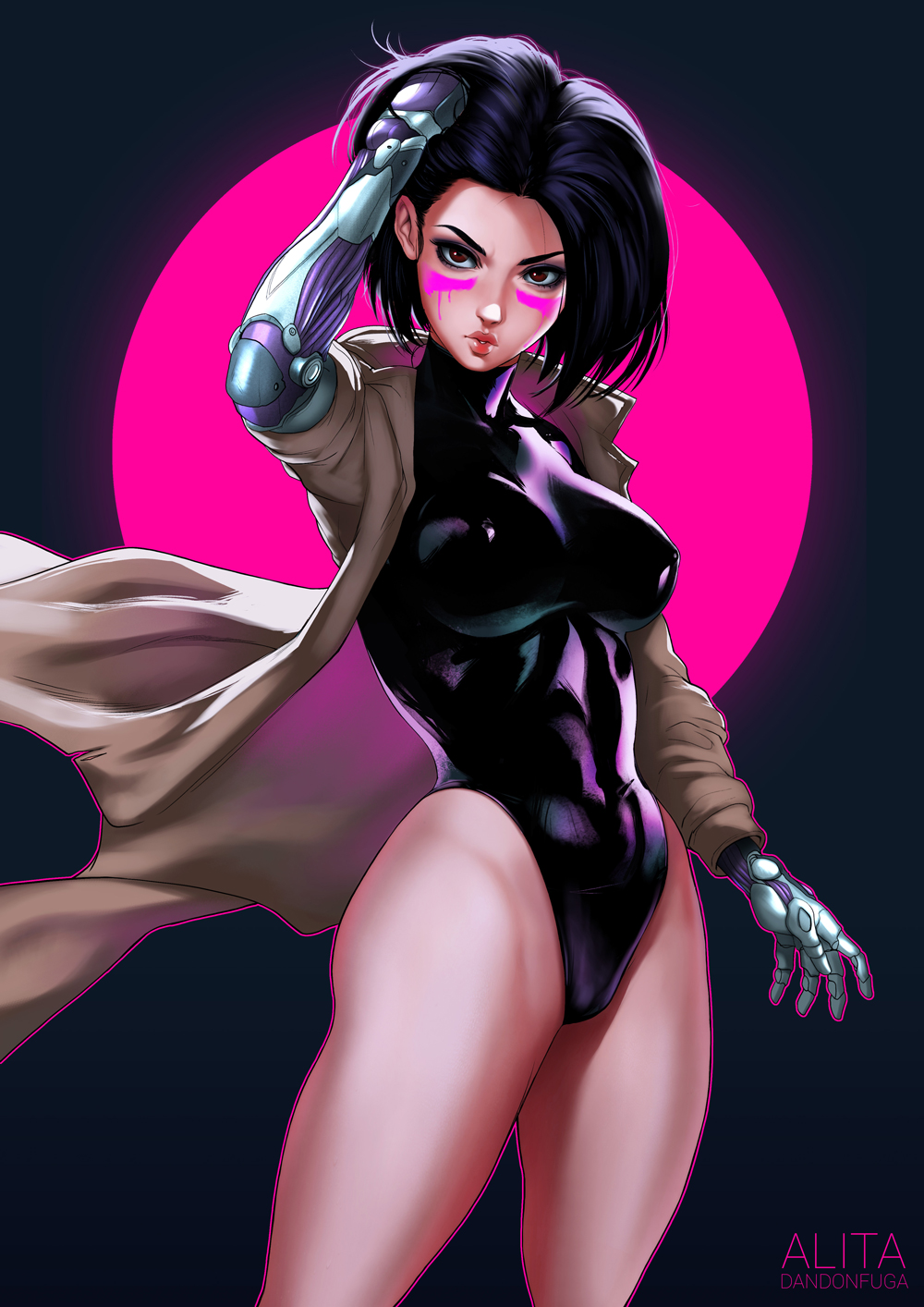 1girl arm_up black_background black_hair black_leotard breasts brown_coat brown_eyes character_name coat covered_navel cyborg dandon_fuga erect_nipples facepaint gally gunnm highres leotard lips looking_at_viewer medium_breasts parted_lips short_hair solo thick_thighs thighs