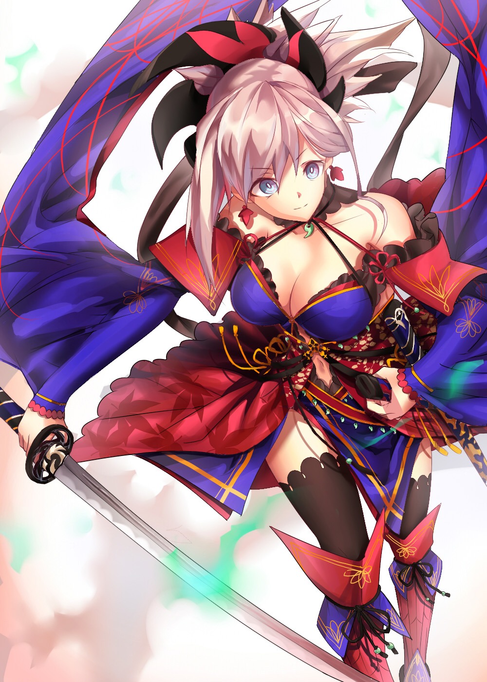 1girl asymmetrical_hair black_legwear black_ribbon blue_eyes blue_kimono blue_sleeves breasts choker cleavage collarbone earrings eyebrows_visible_through_hair fate/grand_order fate_(series) hair_between_eyes highres holding holding_sheath holding_sword holding_weapon japanese_clothes jewelry katana kimono long_hair long_sleeves magatama medium_breasts midriff miyamoto_musashi_(fate/grand_order) navel navel_cutout pink_hair print_sleeves red_ribbon ribbon sheath shiny shiny_hair smile solo stomach sword thigh-highs tied_hair unsheathed weapon wide_sleeves xo_(xo17800108)