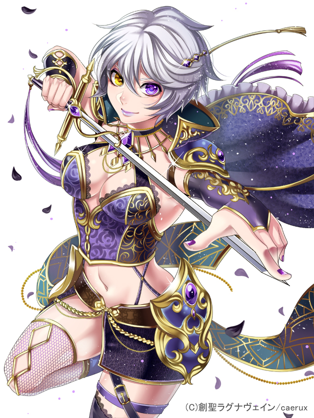 1girl asymmetrical_legwear blue_cape breasts bridal_gauntlets cape cleavage fishnet_legwear fishnets grey_lipstick hair_ornament heterochromia holding holding_sword holding_weapon leg_up looking_at_viewer matsurika_youko medium_breasts midriff miniskirt nail_polish navel original petals print_cape purple_nails short_hair silver_hair simple_background skirt smile solo sparkle standing standing_on_one_leg stomach sword violet_eyes weapon white_background yellow_eyes