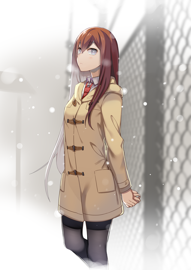 1girl arms_behind_back black_legwear blurry blurry_background breasts breath brown_coat brown_hair chain-link_fence coat collared_shirt cowboy_shot eyebrows fence grey_eyes hands_together hooded_coat long_hair long_sleeves looking_at_viewer makise_kurisu namari necktie outdoors pantyhose red_neckwear shirt small_breasts snow solo steins;gate straight_hair white_shirt