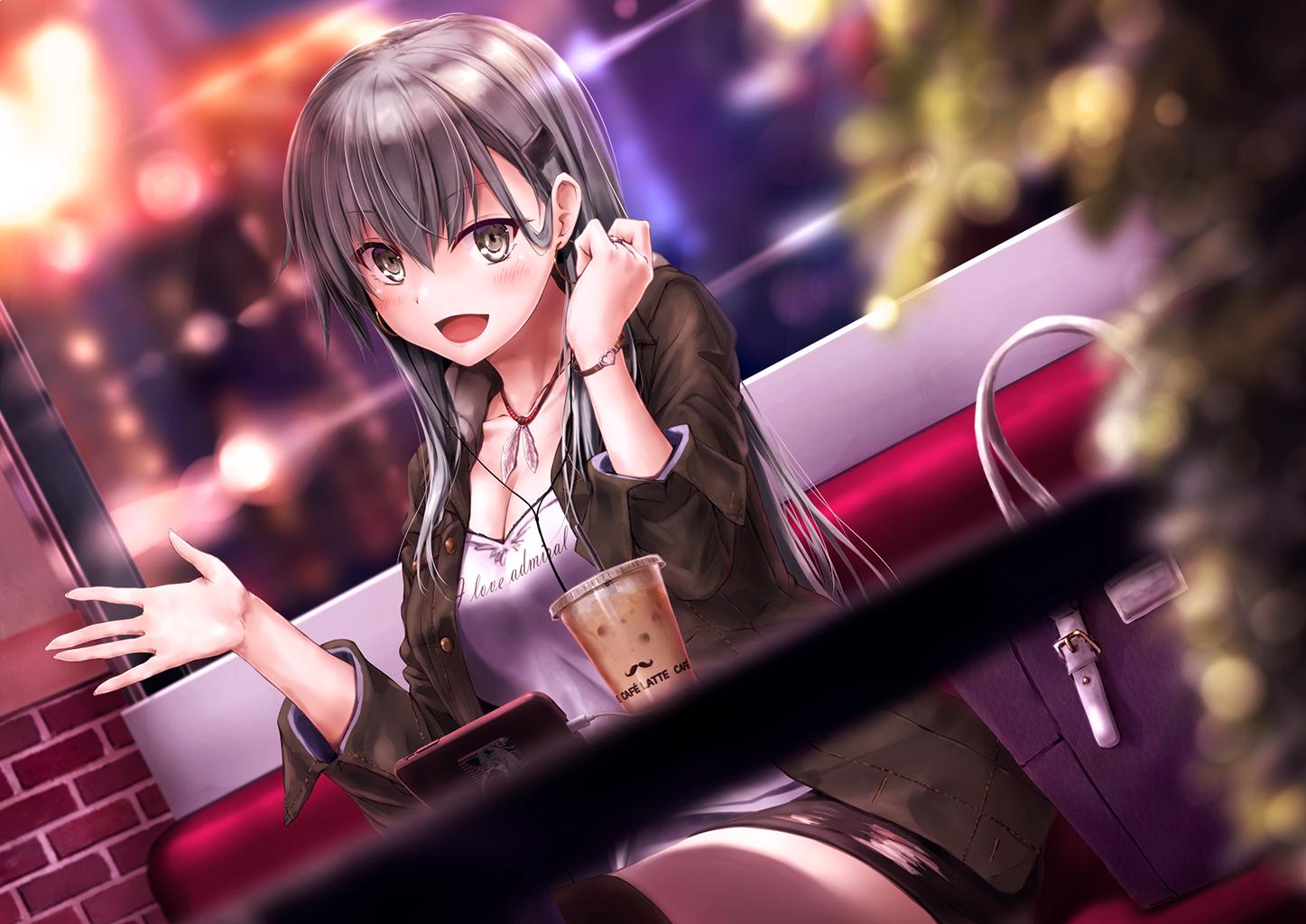 1girl :d bag bangs blurry blurry_background blurry_foreground blush bracelet breasts brown_skirt cafe casual cellphone city_lights cleavage clothes_writing coat collarbone commentary_request cup depth_of_field dutch_angle eyebrows_visible_through_hair green_coat green_eyes grey_hair hair_ornament hairclip hand_up indoors jewelry kantai_collection large_breasts long_hair looking_at_viewer necklace open_clothes open_coat open_mouth phone plant potted_plant ring shirt sidelocks sitting skirt smartphone smile solo suien suzuya_(kantai_collection) tank_top thigh-highs window