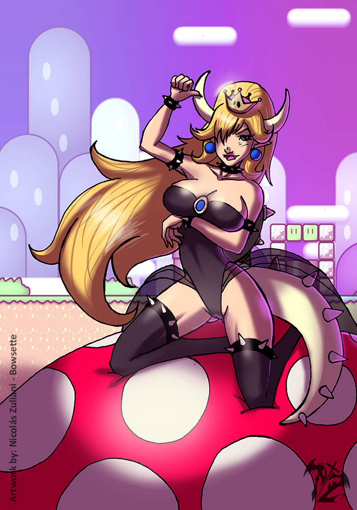 bad_ass black_dress blonde_hair bowsette dress horns kneeling light_blue_eyes lord_nicomic mushroom self_upload