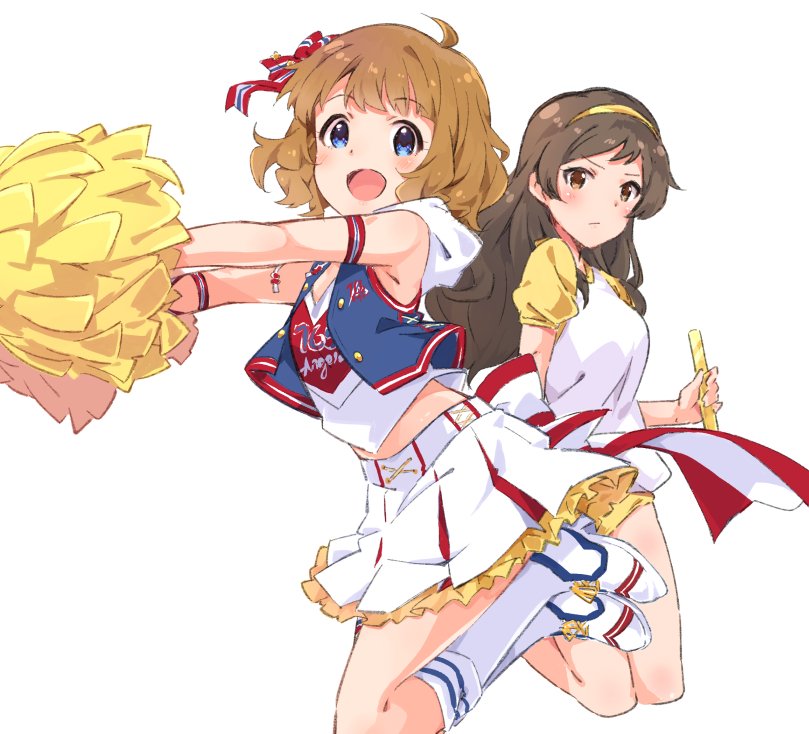 2girls :d ahoge blue_eyes boots breasts brown_eyes brown_hair cheerleader eyebrows_visible_through_hair frilled_skirt frills hair_ribbon hairband high_heel_boots high_heels idolmaster idolmaster_million_live! kitazawa_shiho knee_boots legs_up looking_at_viewer medium_breasts midriff multiple_girls open_mouth pom_pom_(clothes) ribbon shirt short_hair short_sleeves simple_background skirt sleeveless small_breasts smile suou_momoko white_background white_footwear white_shirt white_skirt yabudatami yellow_hairband
