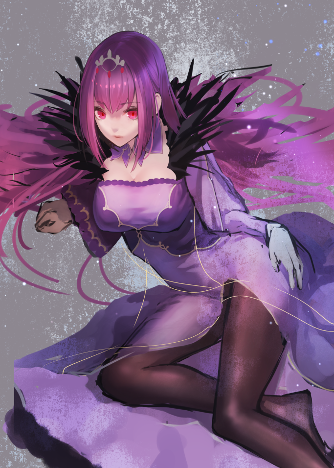 1girl arm_support bangs breasts cleavage dress fate/grand_order fate_(series) feather_trim fur_trim grey_background hair_between_eyes headpiece large_breasts long_sleeves looking_at_viewer lying night night_sky on_side purple_dress purple_hair reclining red_eyes scathach_(fate)_(all) scathach_skadi_(fate/grand_order) sky solo star_(sky) starry_sky tiara ya99ru