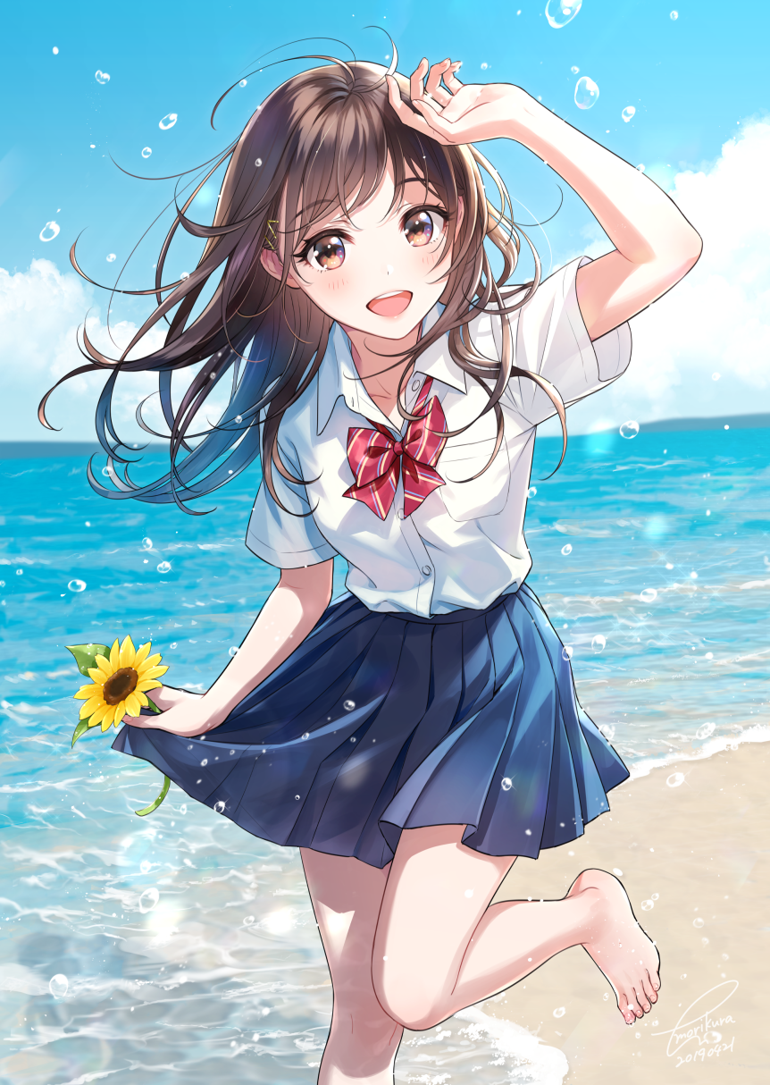 :d bangs barefoot beach blue_skirt blue_sky blush bow bowtie breasts brown_eyes brown_hair clouds collared_shirt day eyebrows_visible_through_hair floating_hair flower hair_between_eyes hair_ornament hairclip hand_up highres holding holding_flower long_hair looking_at_viewer morikura_en ocean open_mouth original outdoors pleated_skirt red_neckwear sand school_uniform shirt sidelocks skirt sky smile splashing sunflower tareme water_drop white_shirt