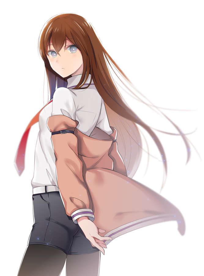 1girl belt black_legwear black_shorts blurry breasts brown_hair brown_jacket collared_shirt cowboy_shot depth_of_field eyebrows_visible_through_hair grey_eyes hair_between_eyes jacket legwear_under_shorts long_hair long_sleeves looking_back makise_kurisu namari necktie off_shoulder pantyhose parted_lips red_neckwear shirt short_shorts shorts simple_background small_breasts solo steins;gate straight_hair white_background white_shirt wind