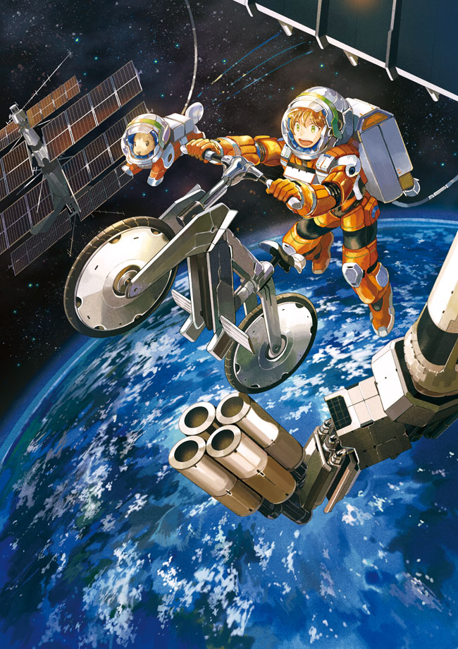 1girl animal astronaut bicycle brown_hair commentary earth english_commentary green_eyes ground_vehicle looking_away noki_(affabile) open_mouth original outdoors planet smile solo space space_station spacesuit star_(sky) zero_gravity