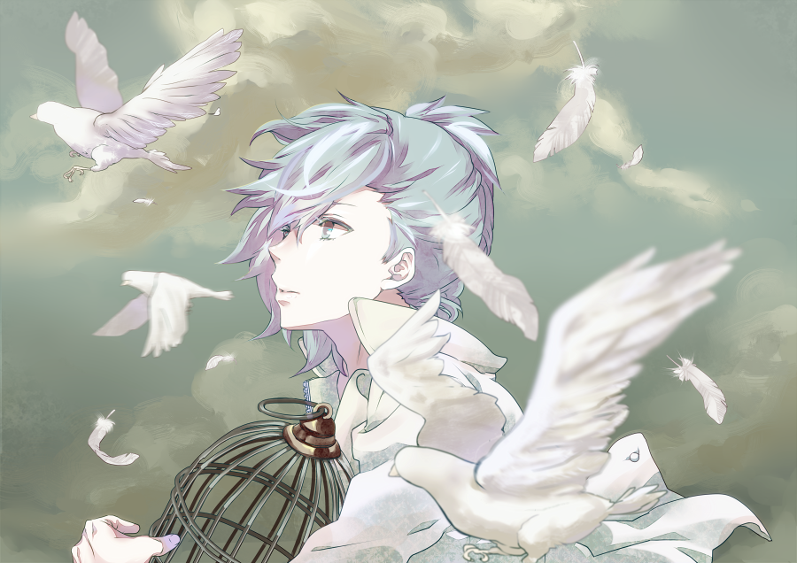 1boy bird birdcage blue_eyes blue_hair cage clouds from_side holding looking_up male_focus medium_hair mikaze_ai mofmofqueue outdoors shirt solo upper_body uta_no_prince-sama white_bird white_shirt