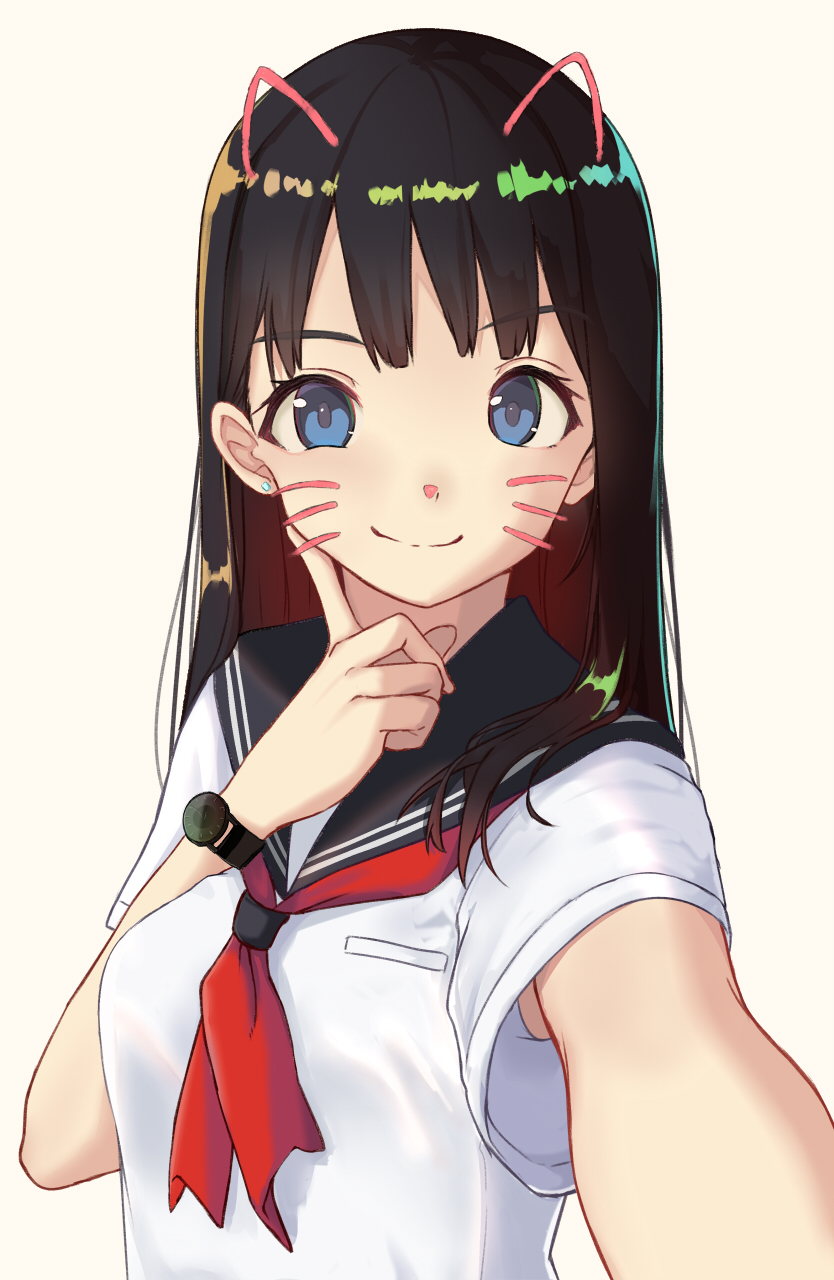 &gt;:) 1girl animal_ears bangs beige_background black_hair black_sailor_collar blue_eyes breasts closed_mouth commentary_request earrings eyebrows_visible_through_hair face_filter fake_animal_ears fake_whiskers hand_up highres itachi_kanade jewelry long_hair multicolored_hair original outstretched_arm reaching_out red_neckwear redhead sailor_collar school_uniform self_shot serafuku shirt short_sleeves simple_background small_breasts smile solo stud_earrings two-tone_hair upper_body v-shaped_eyebrows watch watch white_shirt