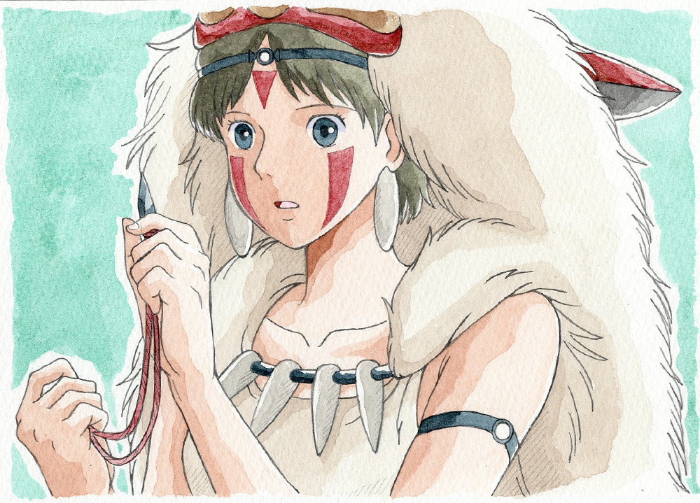 1girl blue_eyes breasts brown_hair commentary_request earrings facepaint facial_mark fur headband jewelry kaufmann_bach mask mononoke_hime necklace san short_hair solo studio_ghibli tooth_necklace