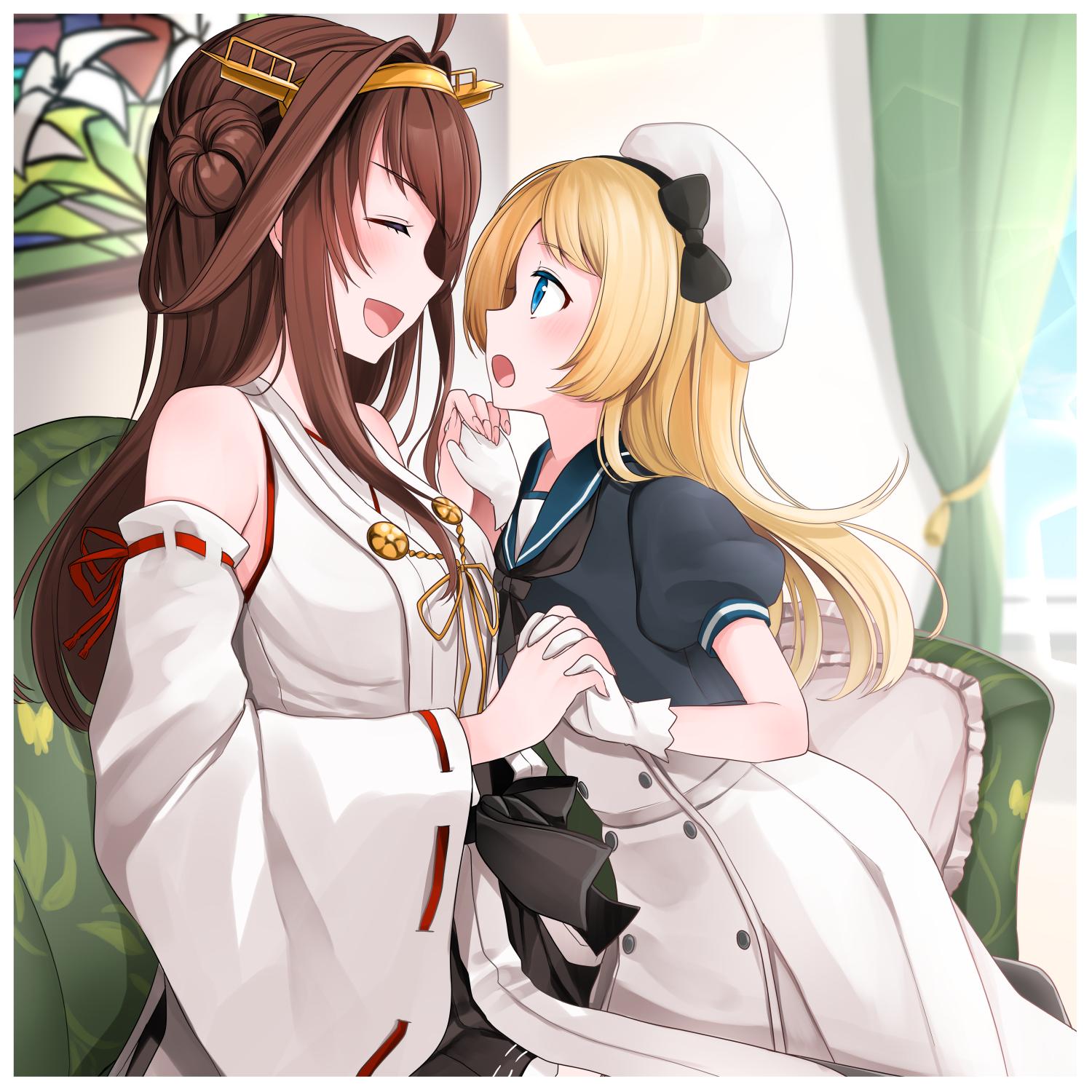 ahoge bare_shoulders blonde_hair blue_eyes blue_sailor_collar blue_sky blush breasts brown_hair closed_eyes couch curtains day detached_sleeves double_bun dress eyebrows_visible_through_hair gloves hairband hand_holding hat headgear highres indoors japanese_clothes jervis_(kantai_collection) kantai_collection kongou_(kantai_collection) long_hair multiple_girls nontraditional_miko open_mouth sailor_collar sailor_dress sailor_hat short_sleeves sitting sky smile white_dress white_gloves white_headwear window yunamaro