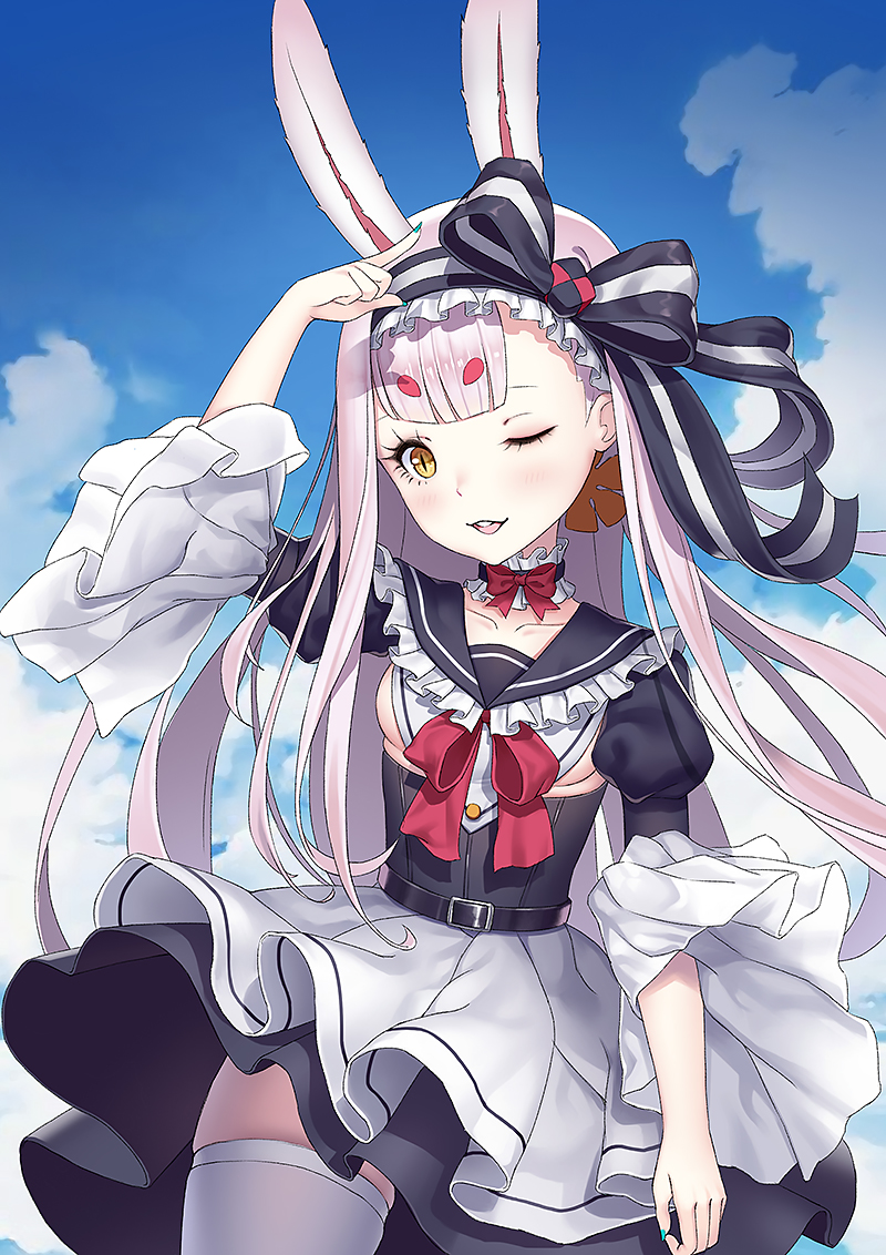 1girl alternate_costume animal_ears aqua_nails azur_lane bangs belt blue_sky blunt_bangs blush breasts clouds collar collarbone commentary dress eyebrows_visible_through_hair frilled_collar frilled_dress frilled_headband frilled_skirt frilled_sleeves frills headband looking_to_the_side nail_polish pink_hair puffy_sleeves rabbit_ears rhasta shimakaze_(azur_lane) sideboob skindentation skirt sky small_breasts smile solo thick_eyebrows thigh-highs white_legwear yellow_eyes