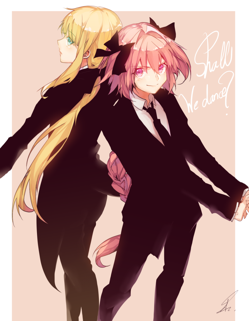 1boy 1other alternate_costume androgynous astolfo_(fate) black_bow black_jacket black_pants black_ribbon black_suit blonde_hair blue_eyes bow braid chevalier_d'eon_(fate/grand_order) commentary_request english_text fate/grand_order fate_(series) formal hair_bow hair_intakes hair_ribbon jacket long_braid long_hair necktie pants pink_eyes pink_hair ribbon saihate_(d3) shirt signature single_braid smile suit white_shirt