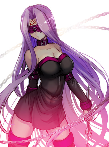 1girl absurdly_long_hair black_dress black_sleeves breasts chains cleavage collar contrapposto cowboy_shot detached_sleeves dress facial_mark fate/stay_night fate_(series) floating_hair holding holding_weapon large_breasts long_hair long_sleeves lowres mask nameless_dagger purple_hair rider shida_(xwheel) shiny shiny_clothes shiny_hair short_dress simple_background sleeveless sleeveless_dress solo standing strapless strapless_dress thigh-highs tube_dress very_long_hair weapon white_background zettai_ryouiki