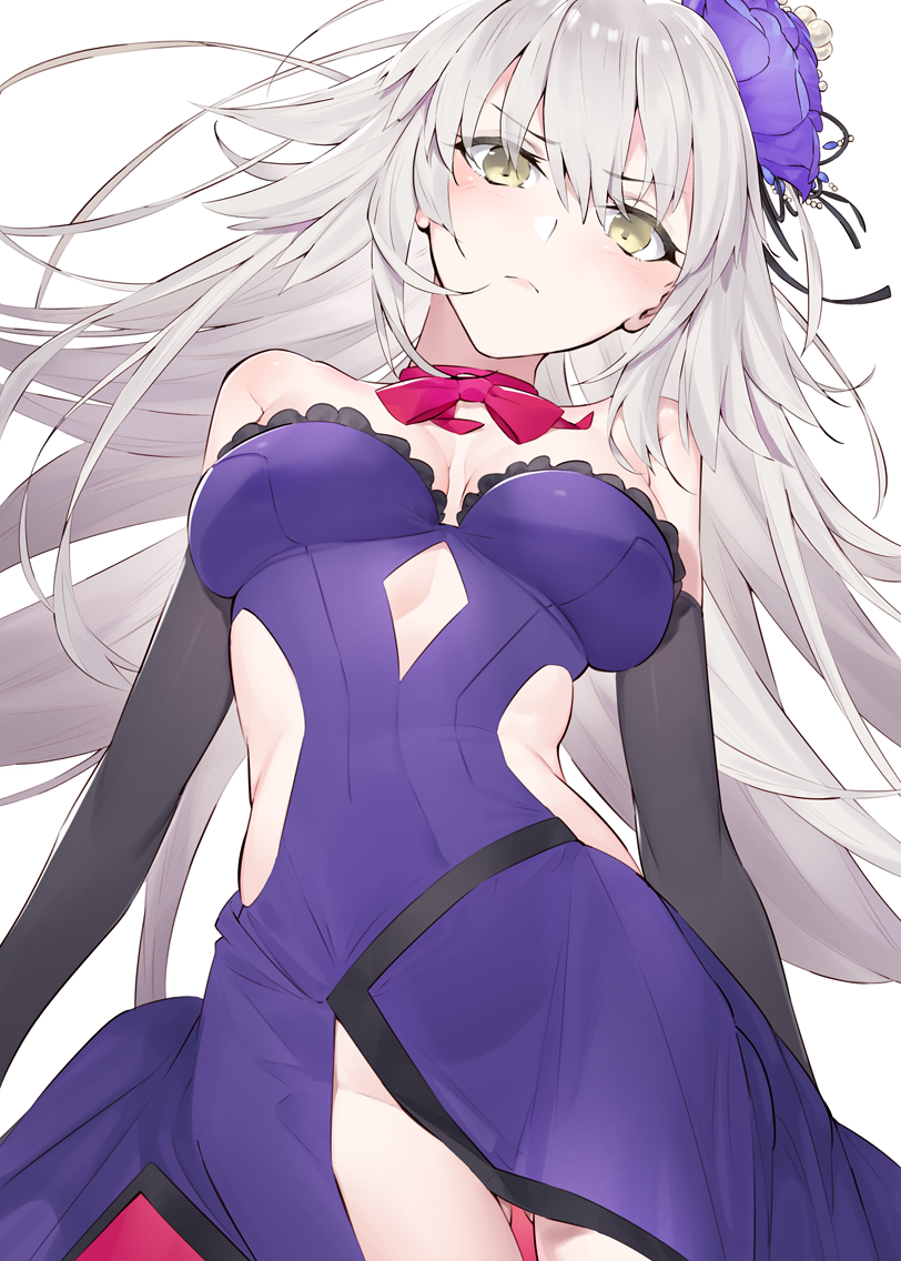 1girl bangs bare_shoulders black_gloves black_hair blush breasts cleavage closed_mouth dress elbow_gloves eyebrows_visible_through_hair fate/grand_order fate_(series) flower gloves gluteal_fold groin hair_between_eyes hair_flower hair_ornament hayashi_kewi jeanne_d'arc_(alter)_(fate) jeanne_d'arc_(fate)_(all) large_breasts looking_at_viewer neck_ribbon pale_skin purple_dress ribbon silver_hair simple_background solo white_background yellow_eyes