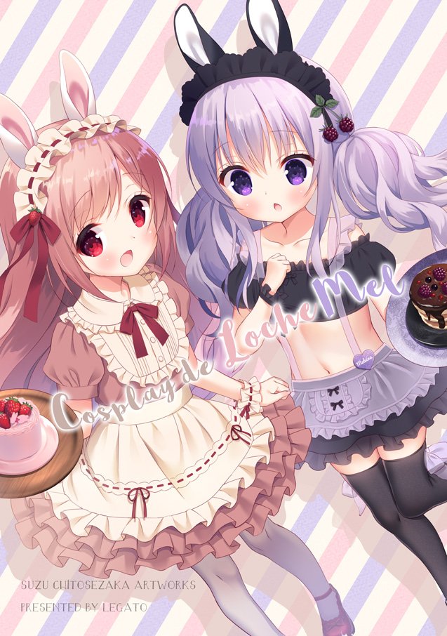 2girls :d animal_ears apron artist_name bare_shoulders black_legwear black_skirt black_sleeves blush brown_dress brown_hair chestnut_mouth chitosezaka_suzu collarbone commentary_request crop_top detached_sleeves diagonal-striped_background diagonal_stripes dress dutch_angle food frilled_apron frills fruit holding holding_tray long_hair midriff multiple_girls navel open_mouth original pancake pantyhose puffy_short_sleeves puffy_sleeves purple_apron purple_hair purple_legwear rabbit_ears red_eyes short_sleeves skirt smile stack_of_pancakes standing standing_on_one_leg strawberry striped striped_background thigh-highs tray twintails very_long_hair violet_eyes waist_apron white_apron wrist_cuffs